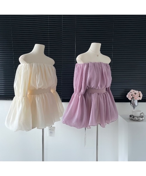 SALTMINT(ソルトミント)の「春色シフォンブラウス/韓国エアリーオフショルパフスリーブシフォンブラウス(シャツ/ブラウス・レディース・ブラック/ベージュ/ピンク・FREE)」の8枚目の写真