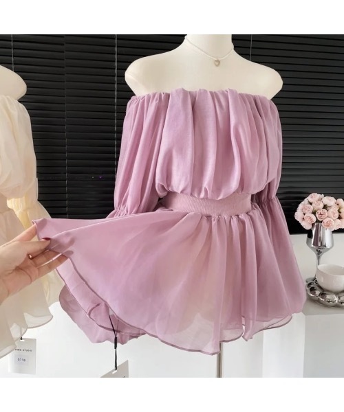 SALTMINT(ソルトミント)の「春色シフォンブラウス/韓国エアリーオフショルパフスリーブシフォンブラウス(シャツ/ブラウス・レディース・ブラック/ベージュ/ピンク・FREE)」の6枚目の写真