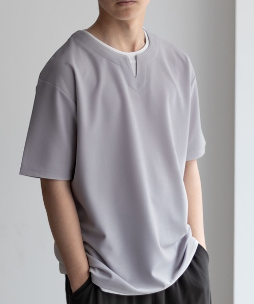 フェイクレイヤード Tシャツ 2色 キーネック 半袖 韓国 nr9648 タカキュー TAKA-Q さまになる フェイクレイヤード キーネック