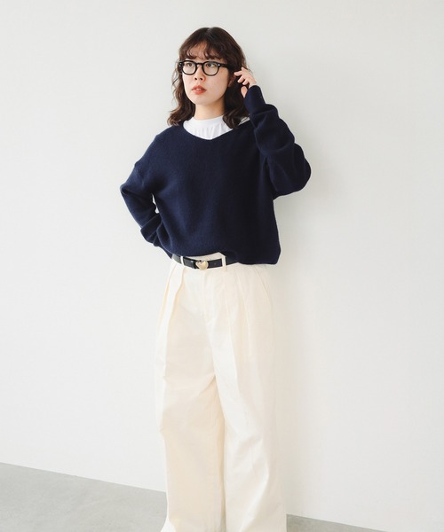 極美品 BY ヘアリー Vネックニットプルオーバー ラクーン 紺 美品 ビューティアンドユース ヘアリーVネックニットプルオーバー