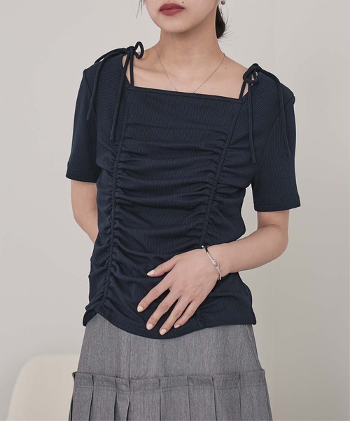 miette(ミエット)の「ドロストリボン半袖リブトップス(Tシャツ/カットソー・レディース・チャコール/ネイビー/オフホワイト・FREE)」の3枚目の写真