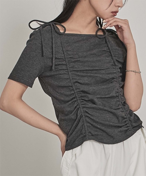 miette(ミエット)の「ドロストリボン半袖リブトップス(Tシャツ/カットソー・レディース・チャコール/ネイビー/オフホワイト・FREE)」の1枚目の写真