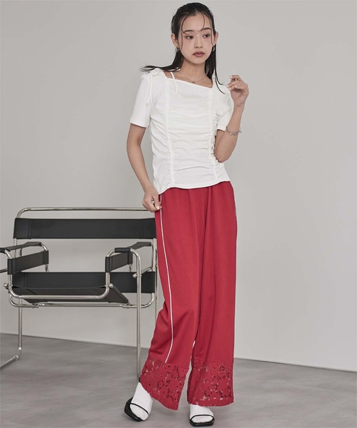miette(ミエット)の「ドロストリボン半袖リブトップス(Tシャツ/カットソー・レディース・チャコール/ネイビー/オフホワイト・FREE)」の5枚目の写真
