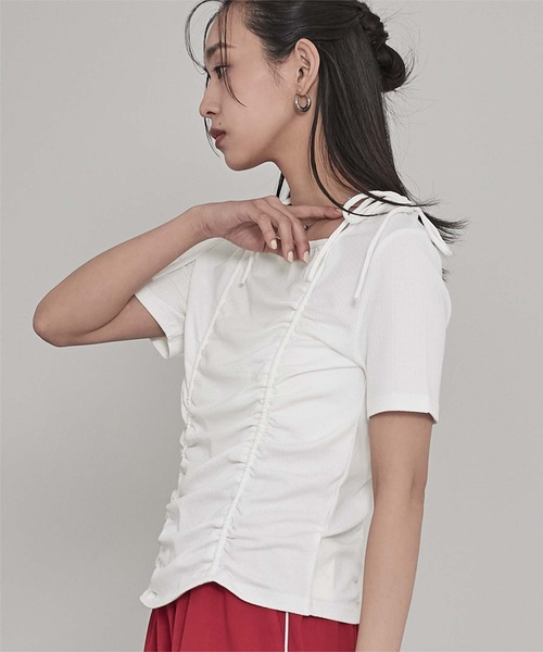 miette(ミエット)の「ドロストリボン半袖リブトップス(Tシャツ/カットソー・レディース・チャコール/ネイビー/オフホワイト・FREE)」の6枚目の写真