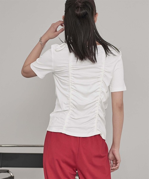miette(ミエット)の「ドロストリボン半袖リブトップス(Tシャツ/カットソー・レディース・チャコール/ネイビー/オフホワイト・FREE)」の7枚目の写真