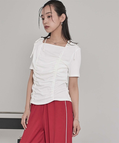 miette(ミエット)の「ドロストリボン半袖リブトップス(Tシャツ/カットソー・レディース・チャコール/ネイビー/オフホワイト・FREE)」の4枚目の写真