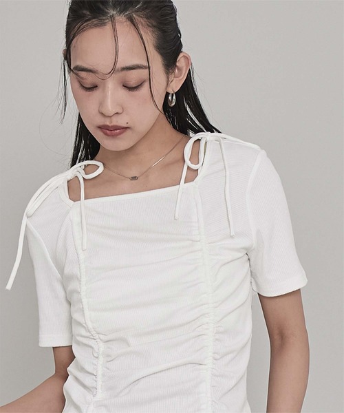 miette(ミエット)の「ドロストリボン半袖リブトップス(Tシャツ/カットソー・レディース・チャコール/ネイビー/オフホワイト・FREE)」の8枚目の写真