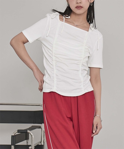 miette(ミエット)の「ドロストリボン半袖リブトップス(Tシャツ/カットソー・レディース・チャコール/ネイビー/オフホワイト・FREE)」の9枚目の写真