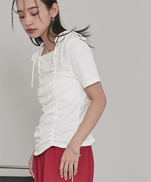 miette(ミエット)の「ドロストリボン半袖リブトップス(Tシャツ/カットソー・レディース・チャコール/ネイビー/オフホワイト・FREE)」の10枚目の写真