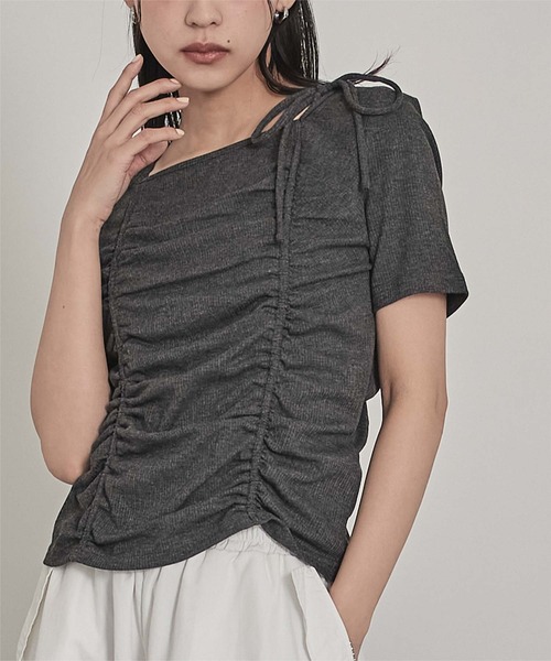 miette(ミエット)の「ドロストリボン半袖リブトップス(Tシャツ/カットソー・レディース・チャコール/ネイビー/オフホワイト・FREE)」の13枚目の写真