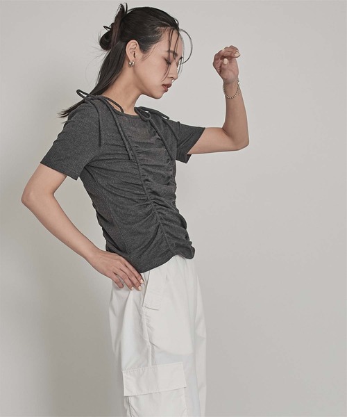 miette(ミエット)の「ドロストリボン半袖リブトップス(Tシャツ/カットソー・レディース・チャコール/ネイビー/オフホワイト・FREE)」の14枚目の写真