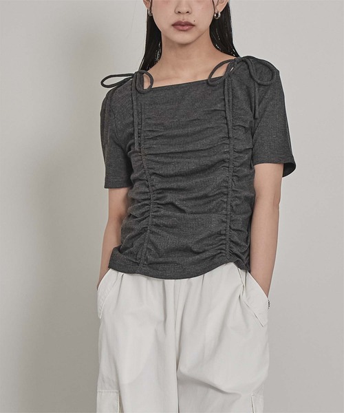 miette(ミエット)の「ドロストリボン半袖リブトップス(Tシャツ/カットソー・レディース・チャコール/ネイビー/オフホワイト・FREE)」の15枚目の写真