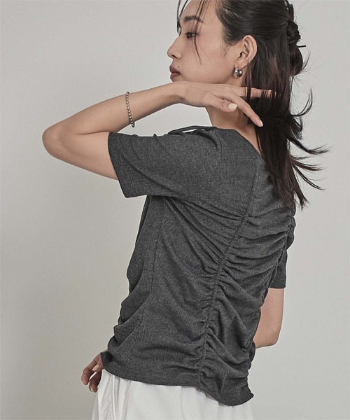 miette(ミエット)の「ドロストリボン半袖リブトップス(Tシャツ/カットソー・レディース・チャコール/ネイビー/オフホワイト・FREE)」の16枚目の写真