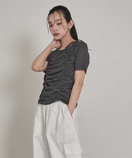 miette(ミエット)の「ドロストリボン半袖リブトップス(Tシャツ/カットソー・レディース・チャコール/ネイビー/オフホワイト・FREE)」の17枚目の写真