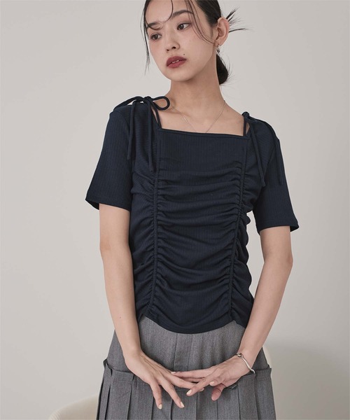 miette(ミエット)の「ドロストリボン半袖リブトップス(Tシャツ/カットソー・レディース・チャコール/ネイビー/オフホワイト・FREE)」の18枚目の写真