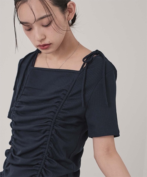 miette(ミエット)の「ドロストリボン半袖リブトップス(Tシャツ/カットソー・レディース・チャコール/ネイビー/オフホワイト・FREE)」の21枚目の写真