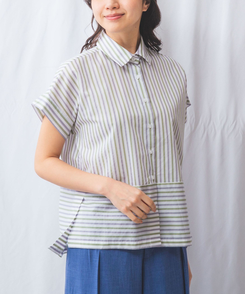 NARACAMICIE(ナラカミーチェ)の「【NARACAMICIE】ストライプボーダー切り替え半袖シャツ(シャツ/ブラウス・レディース・イエロー/グリーン・L/XL/S/M)」の2枚目の写真