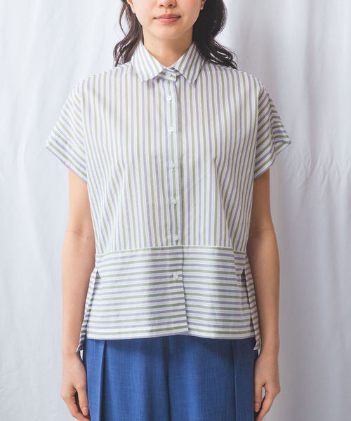 NARACAMICIE(ナラカミーチェ)の「【NARACAMICIE】ストライプボーダー切り替え半袖シャツ(シャツ/ブラウス・レディース・イエロー/グリーン・L/XL/S/M)」の7枚目の写真