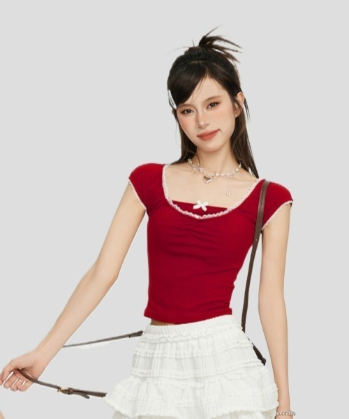 gossip!ロサンゼルス(ゴシップロサンゼルス)の「Y2Kガーリー*レースショート丈クロップドTシャツ(Tシャツ/カットソー・レディース・オフホワイト/ブラック/レッド・FREE)」の19枚目の写真