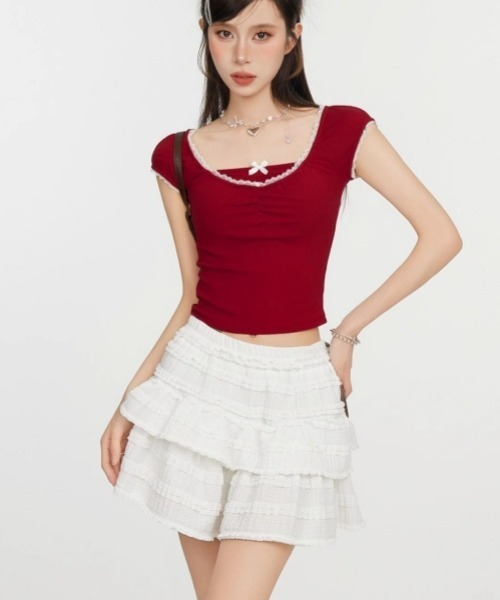gossip!ロサンゼルス(ゴシップロサンゼルス)の「Y2Kガーリー*レースショート丈クロップドTシャツ(Tシャツ/カットソー・レディース・オフホワイト/ブラック/レッド・FREE)」の20枚目の写真