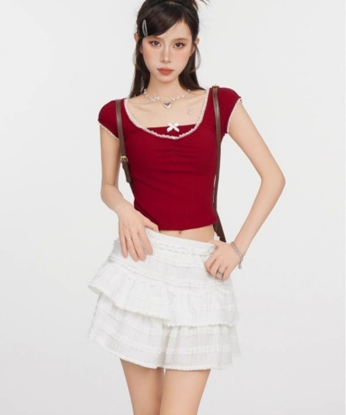 gossip!ロサンゼルス(ゴシップロサンゼルス)の「Y2Kガーリー*レースショート丈クロップドTシャツ(Tシャツ/カットソー・レディース・オフホワイト/ブラック/レッド・FREE)」の21枚目の写真