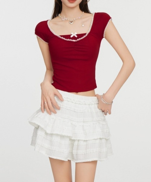 gossip!ロサンゼルス(ゴシップロサンゼルス)の「Y2Kガーリー*レースショート丈クロップドTシャツ(Tシャツ/カットソー・レディース・オフホワイト/ブラック/レッド・FREE)」の22枚目の写真