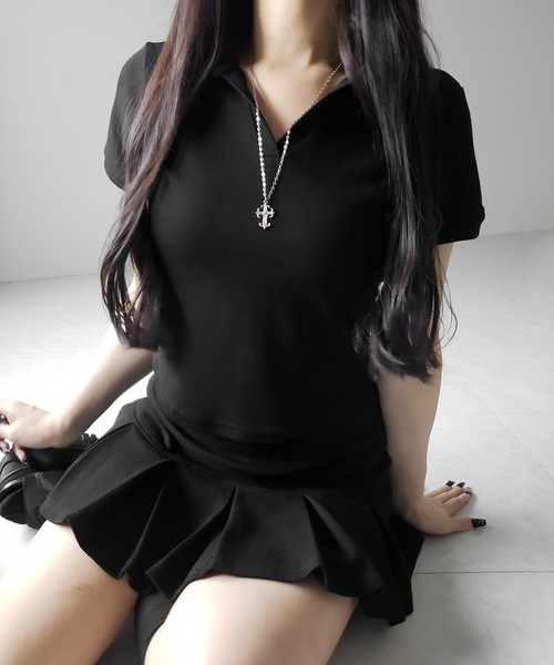 セール】【 2点セット 】スキッパーネック半袖Tシャツ ＆ プリーツ