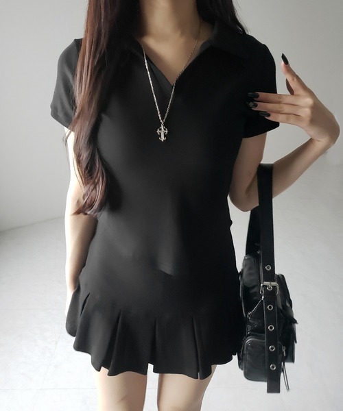 me+em select（ミームセレクト）の「【 ２点セット 】スキッパーネック半袖Ｔシャツ ＆ プリーツミニスカート ワンホンセットアップ　／ skipper neck short sleeve  T-shirt & pleated mini skirt wanghong setup ※※（セットアップ・レディース・グレー/ホワイト/ブラック・MEDIUM/SMALL）」の6枚目の写真
