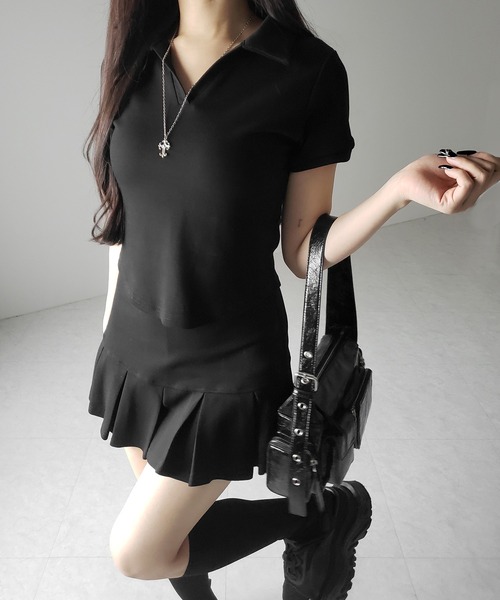 me+em select（ミームセレクト）の「【 ２点セット 】スキッパーネック半袖Ｔシャツ ＆ プリーツミニスカート ワンホンセットアップ　／ skipper neck short sleeve  T-shirt & pleated mini skirt wanghong setup ※※（セットアップ・レディース・グレー/ホワイト/ブラック・MEDIUM/SMALL）」の7枚目の写真