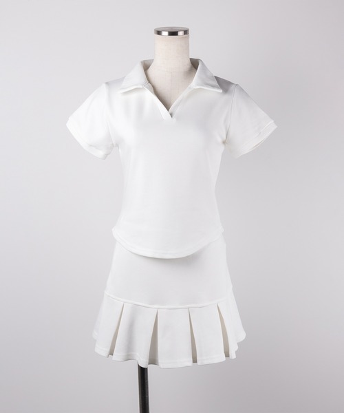 me+em select（ミームセレクト）の「【 ２点セット 】スキッパーネック半袖Ｔシャツ ＆ プリーツミニスカート ワンホンセットアップ　／ skipper neck short sleeve  T-shirt & pleated mini skirt wanghong setup ※※（セットアップ・レディース・グレー/ホワイト/ブラック・MEDIUM/SMALL）」の10枚目の写真