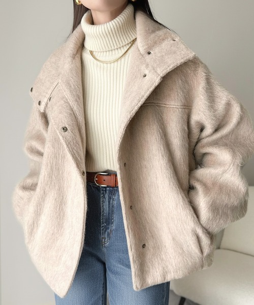 セール】暖かさとおしゃれを両立♪ミックスシャギースタンドカラー比翼