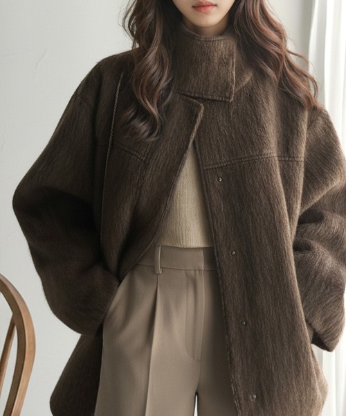 セール】暖かさとおしゃれを両立♪ミックスシャギースタンドカラー比翼