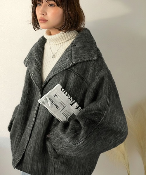 セール】暖かさとおしゃれを両立♪ミックスシャギースタンドカラー比翼