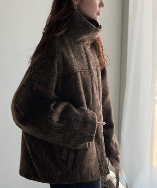 セール】暖かさとおしゃれを両立♪ミックスシャギースタンドカラー比翼