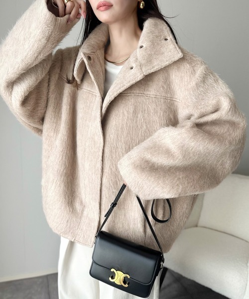 セール】暖かさとおしゃれを両立♪ミックスシャギースタンドカラー比翼