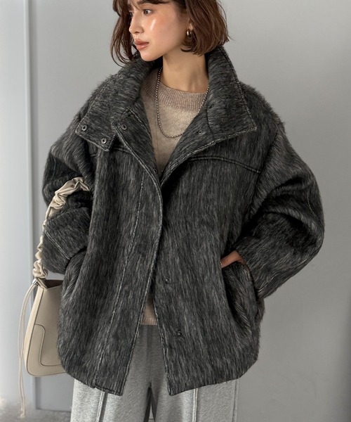 セール】暖かさとおしゃれを両立♪ミックスシャギースタンドカラー比翼