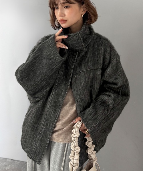 セール】暖かさとおしゃれを両立♪ミックスシャギースタンドカラー比翼