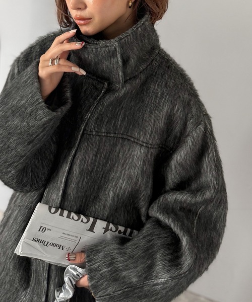 セール】暖かさとおしゃれを両立♪ミックスシャギースタンドカラー比翼