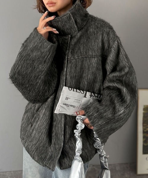 セール】暖かさとおしゃれを両立♪ミックスシャギースタンドカラー比翼