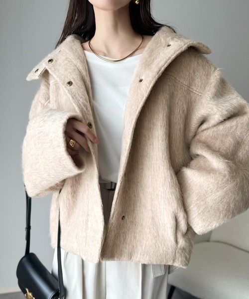 セール】暖かさとおしゃれを両立♪ミックスシャギースタンドカラー比翼