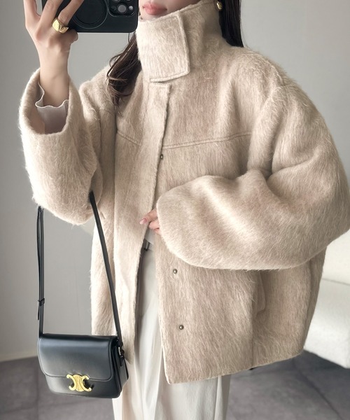 セール】暖かさとおしゃれを両立♪ミックスシャギースタンドカラー比翼