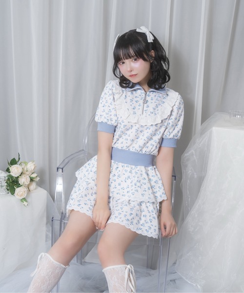Honey Cinnamon(ハニーシナモン)の「花柄ハーフジップワンピース(ワンピース・レディース・ピンク/サックスブルー・FREE)」の2枚目の写真