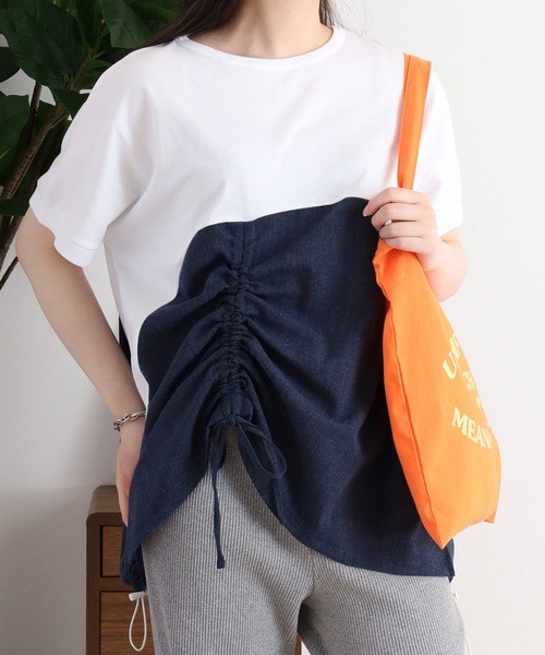 セール】デニム風ドッキングシャーリングトップス（Tシャツ