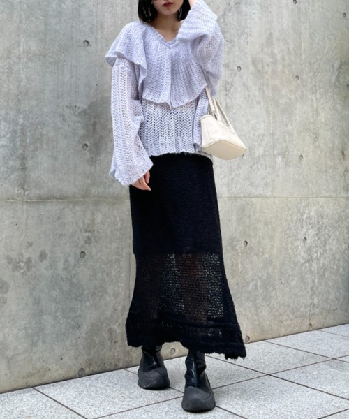 HONEY MI HONEY（ハニーミーハニー）の「poodle crochet knit skirt（スカート・レディース・オフホワイト/ブラック/コーラル・FREE）」の16枚目の写真