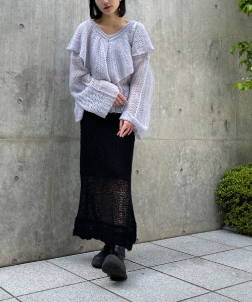 HONEY MI HONEY（ハニーミーハニー）の「poodle crochet knit skirt（スカート・レディース・オフホワイト/ブラック/コーラル・FREE）」の17枚目の写真