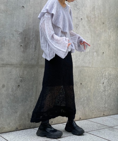 HONEY MI HONEY（ハニーミーハニー）の「poodle crochet knit skirt（スカート・レディース・オフホワイト/ブラック/コーラル・FREE）」の18枚目の写真
