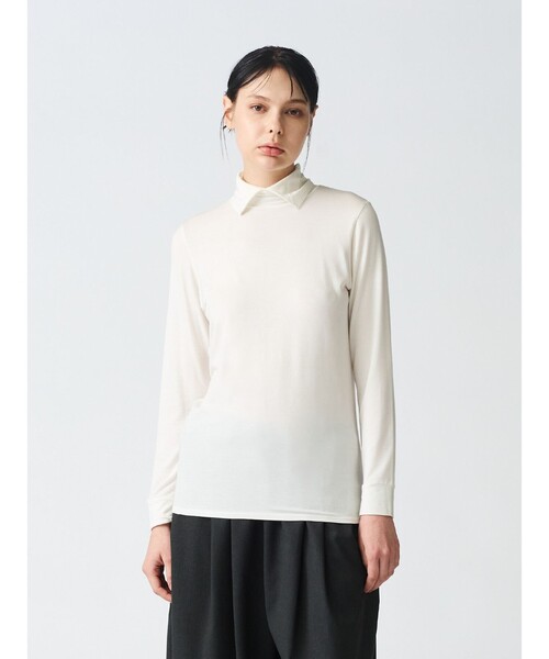 mizuiroind（ミズイロインド）の「mizuiro ind シャツカラーハイネックプルオーバー（Tシャツ/カットソー・レディース・ライトグレー/オレンジ/オフホワイト/ブラック/カーキ・FREE）」の7枚目の写真