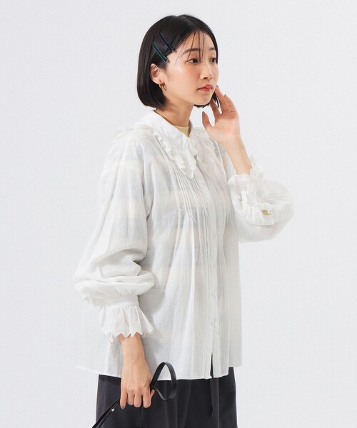 美品ビームスボーイ　フリルシャツ　ブラウス　刺繍　白　ギャザー　カットワーク　綿 美品ビームスボーイ フリルシャツ ブラウス 刺繍 白 ギャザー カット