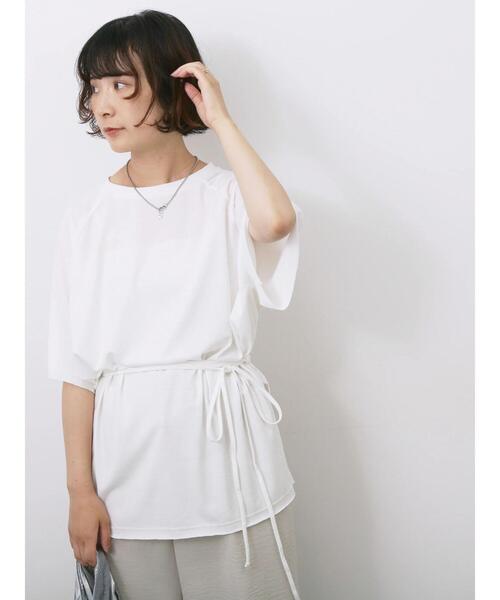 Samansa Mos2 blue(サマンサモスモスブルー)の「◎【接触冷感】ウエストリボンTシャツ(Tシャツ/カットソー・レディース・ブラック/オフホワイト/トップグレー・F)」の2枚目の写真