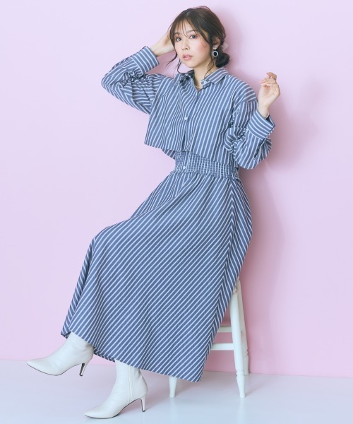 marun（マルン）の「＜大きいサイズ＞２点セット（ストライプシャツ＋ワンピース） marun（ワンピース・レディース・ネイビー/ピンク・4L/3L/LL/L/5L）」の2枚目の写真